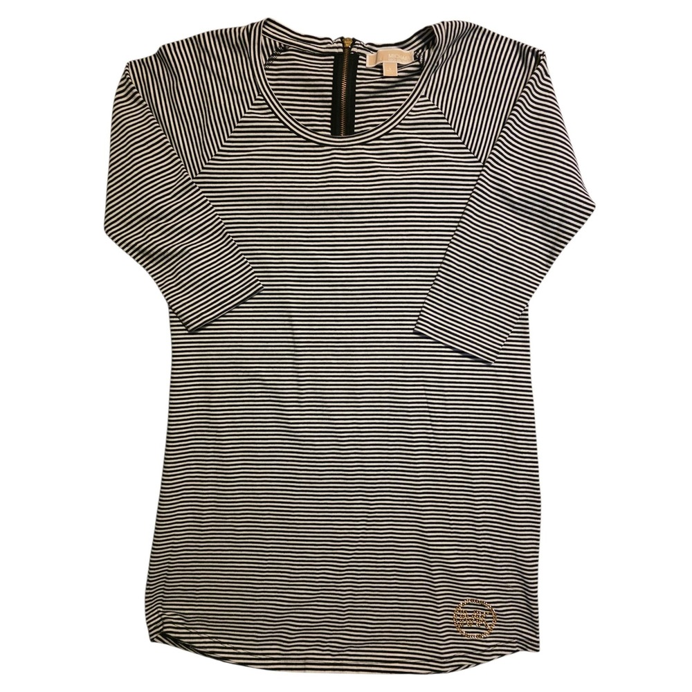 1357 Michael Kors Striped T-Shirt Dress Black White Rhinestone Logo Zip Back L